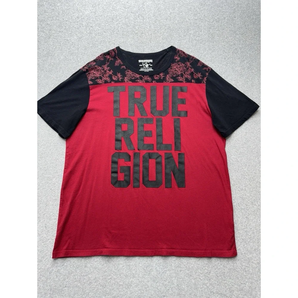 True Religion Shirt Mens 2XL Red Floral Yoke Block Logo Short Sleeve Tee